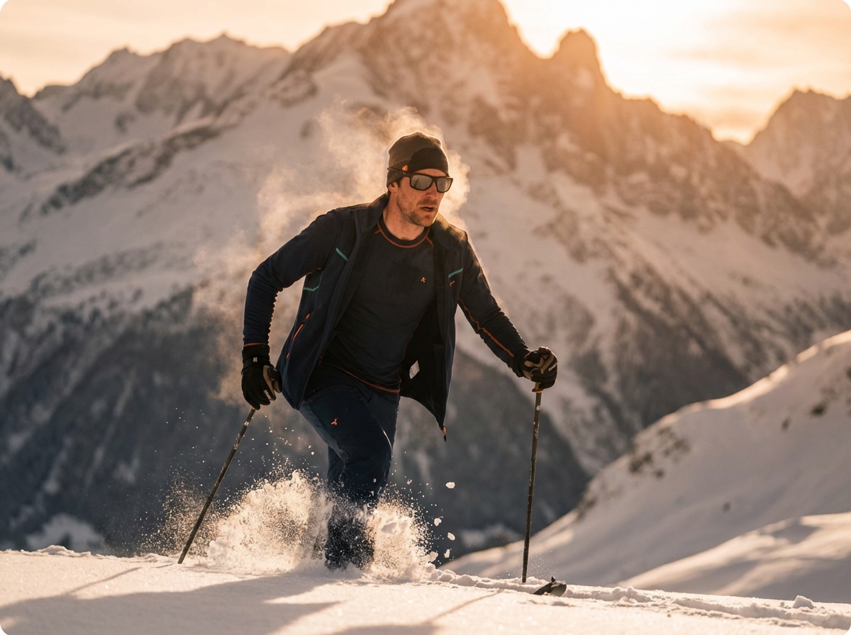 Cross-country skier pushing through powder at golden hour with dramatic mountain backdrop