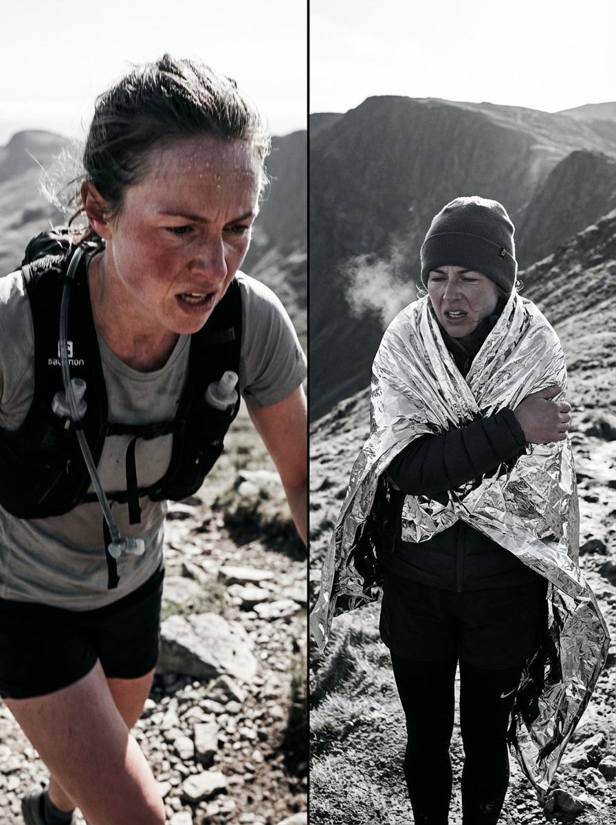 Split image showing an athlete overheating on a trail run versus shivering in cold conditions