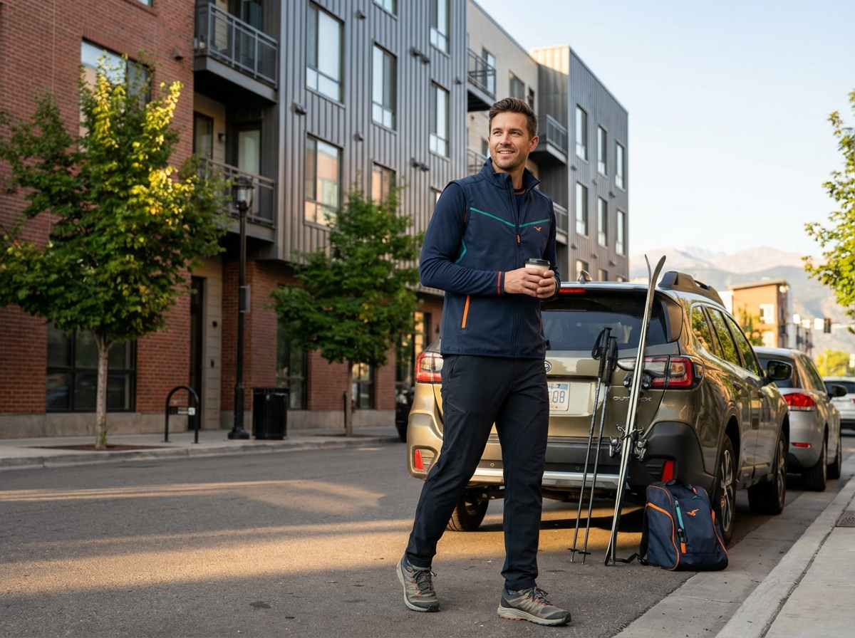 Parker wearing ThermaSync vest outside his apartment heading to a ski day, relaxed and confident